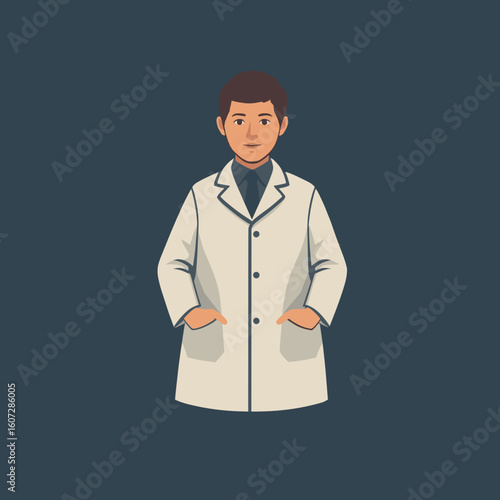 Young boy wearing lab coat and smiling on dark background  