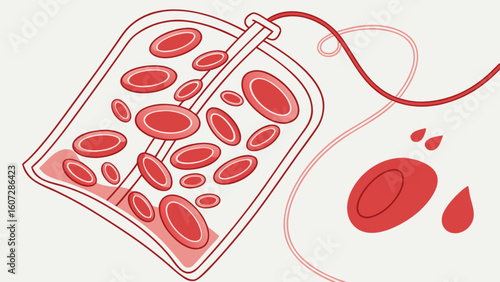 Illustration of a blood bag filled with red blood cells connected to a tube and blood droplets nearby
