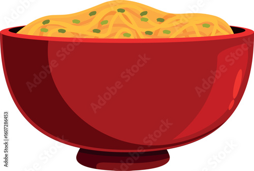 Red bowl brimming with freshly cooked noodles and herbs, representing a tasty and fulfilling meal