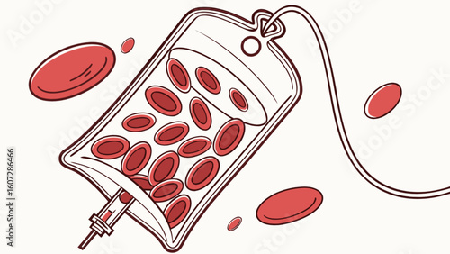 Illustration of a blood bag filled with red blood cells and a connected tube and needle drawing