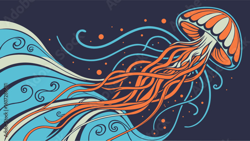Stylized orange jellyfish with flowing tentacles and blue swirls against a dark blue background