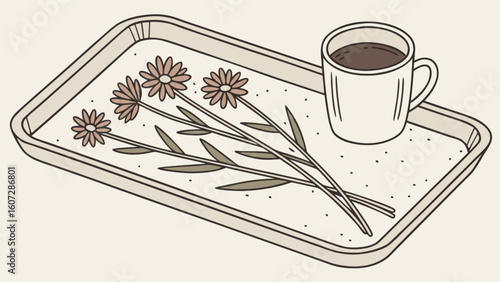 A light beige tray containing three flowers with a mug of coffee on a light beige background