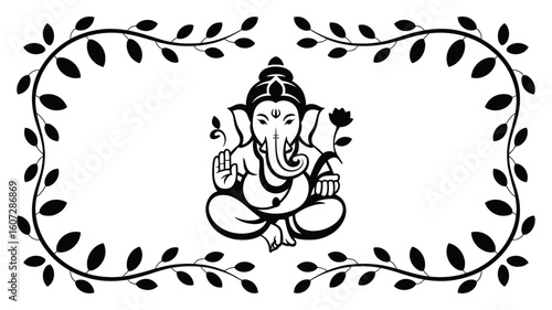 Hindu god Ganesha surrounded by a leafy border, ideal for Indian cultural designs, religious greetings, or spiritual themed projects.