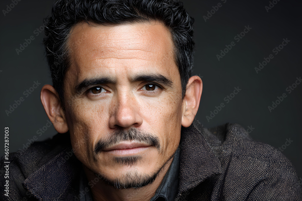 Obraz premium Close Up Portrait of a Man with Dark Hair and Mustache Against a Dark Background
