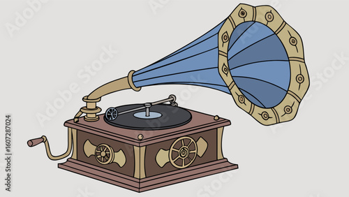 Illustration of a vintage gramophone with a blue horn and a brown wooden base on a light background