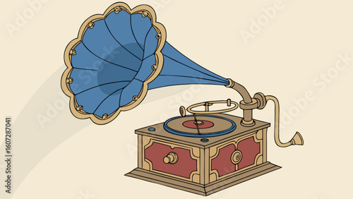 Illustration of a vintage gramophone with a blue horn and a wooden base on a light background
