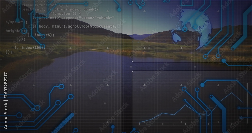 Fototapeta premium Displaying mountain lake at lakeside dusk, with overlaid code snippets, circuit nodes and UI icons