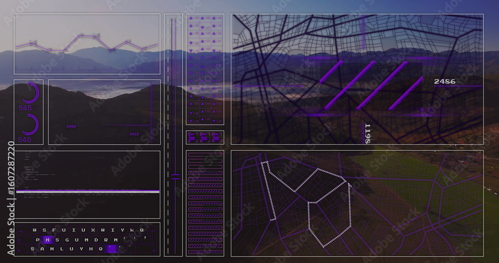 Naklejka premium Overlaying interface panels over mountain valley lake, showing graphs, dials, code text and map