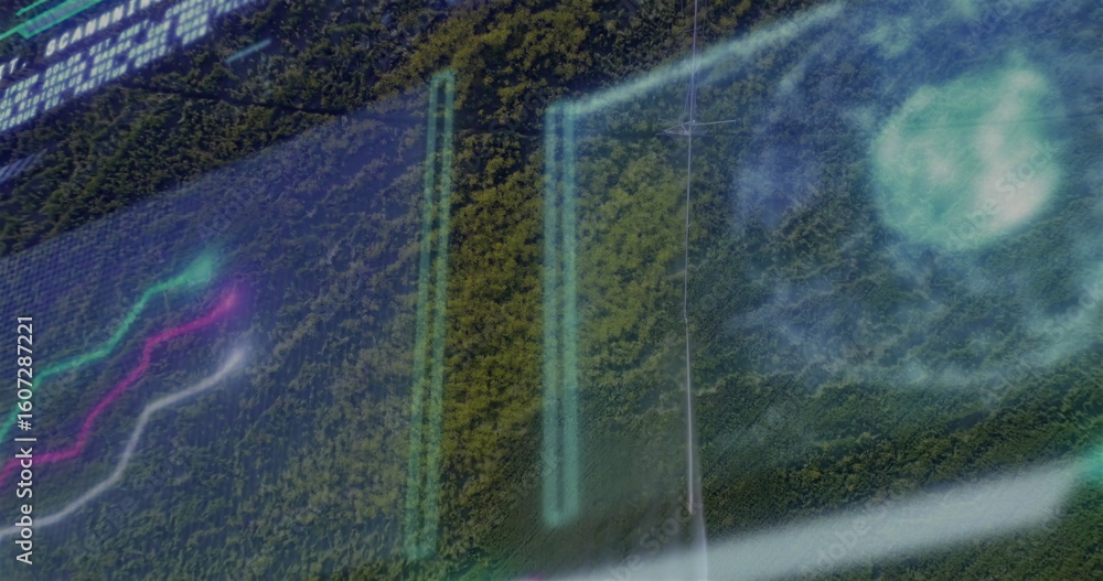 Fototapeta premium Showing digital overlay floating above forest canopy with panels, charts, HUD and alphanumeric text