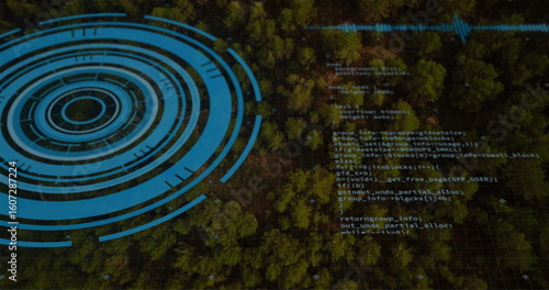 Tableau sur toile Displaying evergreen canopy covering aerial view, with blue circular HUD, code a
