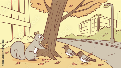 A squirrel holding a nut near a tree with two pigeons and buildings in the background on an autumn day