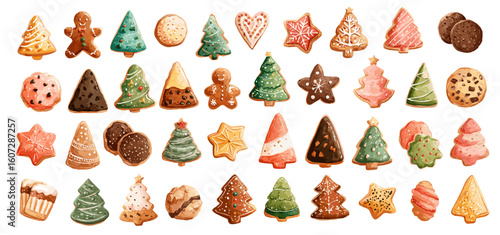 Watercolor christmas cookie set. Gingerbread holiday sweet snack with icing, candy star, tree, heart vector illustration