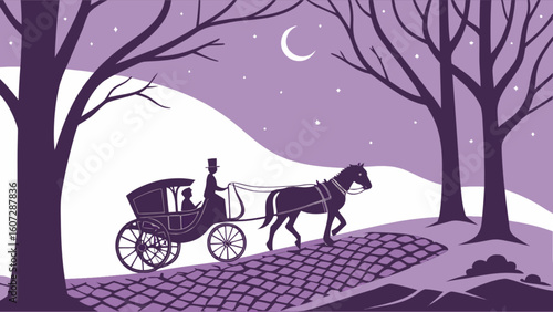 Illustration of a horse drawn carriage with passengers at night under a crescent moon and stars