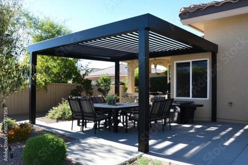 Modern black outdoor pergola with dining set