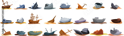 Sunken ship icons set. Various shipwrecks lie stranded on the shore, showcasing different types and sizes of damaged vessels