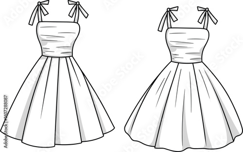 Cute summer dress flat sketch, tied strap, ruched bodice, flared skirt silhouette, technical fashion illustration for designers, vector apparel template