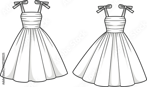 Elegant bow strap dress flat sketch, ruched bodice, flared silhouette, fashion technical drawing, vector apparel template, stylish garment design