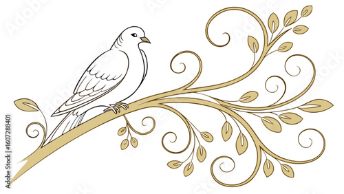 Dove perched on a branch with swirling vines and leaves in a decorative artistic illustration