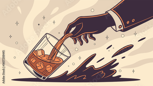 A hand in a suit pouring a drink into a glass with ice cubes and some liquid spilling over the side