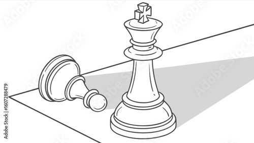 Illustration of a chess scene with a king standing and a pawn lying down on a surface in black and white