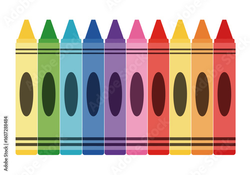 A row of ten colorful crayons arranged in a vibrant spectrum on a white background.