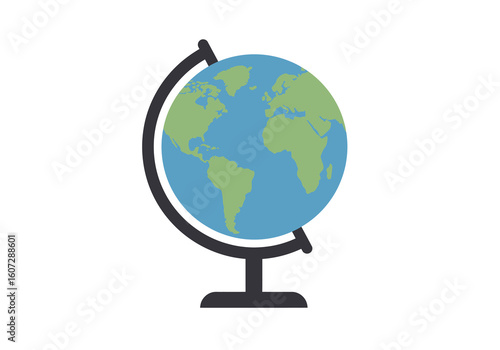 A simple flat illustration of a world globe on a stand showing continents and oceans.