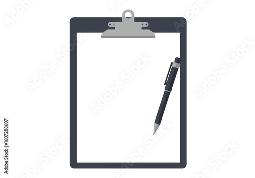 A simple illustration of a clipboard with a blank paper and a pen, ready for writing.