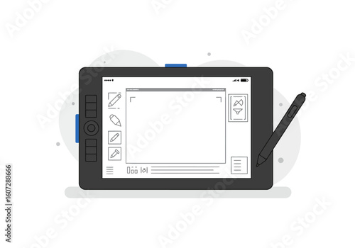 A black graphics tablet and stylus pen with a blank digital drawing application interface on its screen.