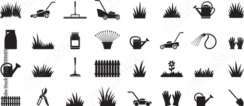 Garden tools and grass icons lawnmower rake