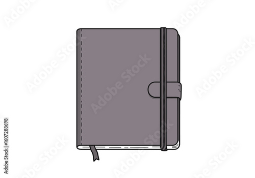 A closed gray notebook with a black elastic band closure.