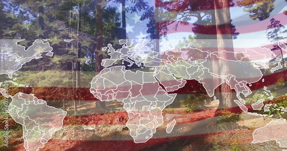 Fototapeta premium Displaying white outline world map overlay across pine forest scene with American flag stripes