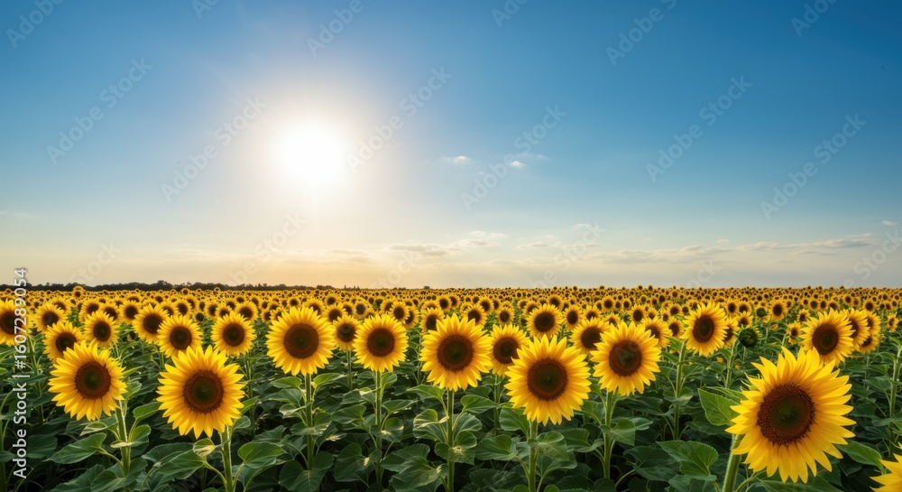 Obraz premium Vast field of vibrant yellow sunflowers stretching to the horizon under a clear summer blue sky.