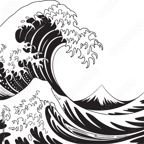 The great wave off kanagawa black and white vector illustration japanese art ocean sea wave fuji mountain