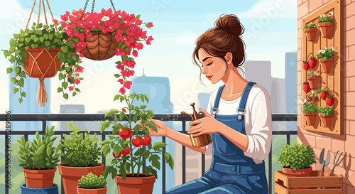 Woman Tending To A Balcony Garden With Lush Greenery And Red Tomatoes