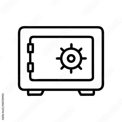 Illustration of a closed safe with a combination lock and hinges on the side in black outline style