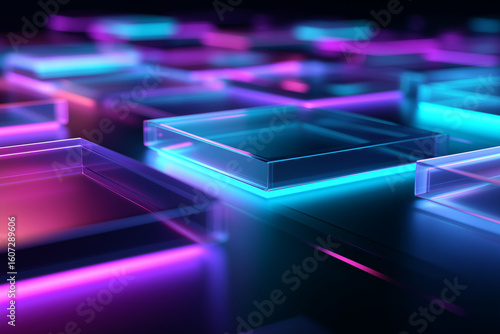Ultra‑detailed futuristic abstract background with glowing neon glass-like rectangular platforms floating in dark space, vibrant cyan and magenta lights, high‑tech sci‑fi aesthetic