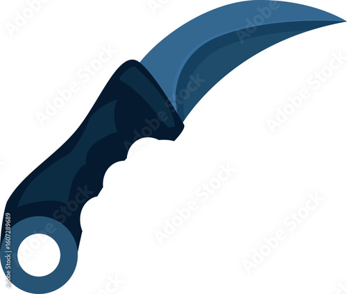 Close up of a karambit knife, highlighting its distinctive curved blade and ergonomic black handle