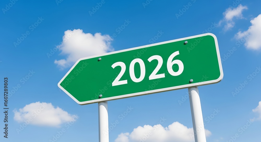 Green road sign points towards the year 2026 under a blue sky Green road sign points towards the year 2026 under a blue sky