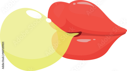 Cartoon illustration of red lips blowing a yellow bubble gum, representing fun and sweetness