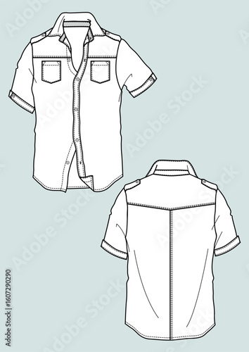 Camicia uomo manica corta, carrè e tasche disegno piatto sketch fashion illustration fronte e retro mock up vettoriale	