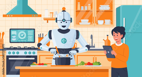 Robot Assistant Helping Person Prepare Meal in Modern Kitchen