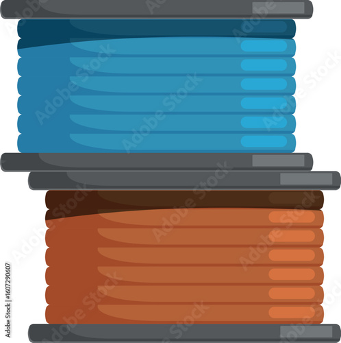 Two spools of 3d printing filament, one blue and one brown, stacked together, ready for use in a 3d printer