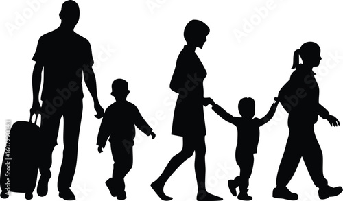 Happy Family Silhouette Vector – Parents with Kids Walking, Playing, or Hugging, Perfect for Parenting, Family Bond, Love, Togetherness, and Care Concepts.