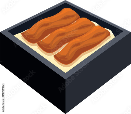 Delicious unagi donburi, a traditional japanese dish featuring grilled eel fillets served over steamed rice in a lacquered box