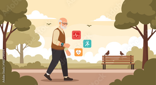 Senior citizen tracking wellness and health data in a park setting, emphasizing an active lifestyle and personal health monitoring