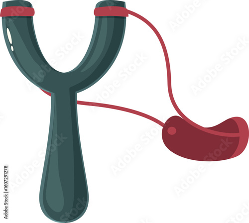 Wooden slingshot with red rubber band holding a projectile
