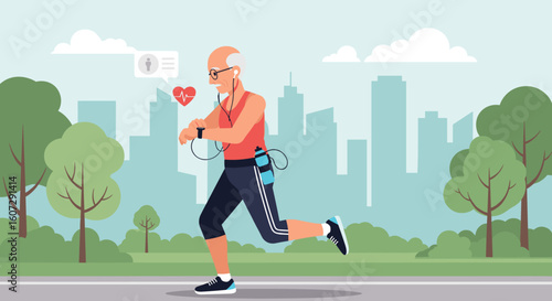 Senior Athlete Engaging in Outdoor Running Monitoring Vital Signs and Progress