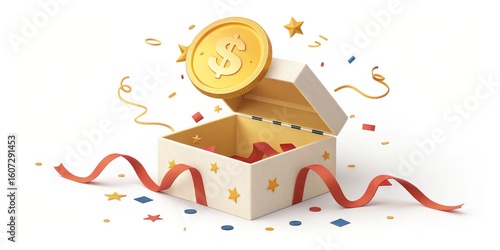 Golden Dollar Coin Bursting from Gift Box with Confetti, Rewards, Bonus