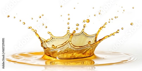 Golden Liquid Splash Crown of Droplets on White, oil , honey