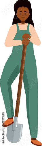 Female farmer proudly poses, leaning on her shovel, representing the growing role of women in agriculture